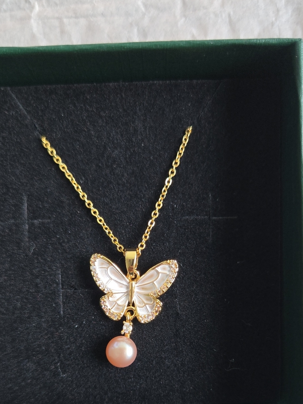 18k Gold Plated Butterfly Necklace with  Pink Fresh Water Pearl Drop